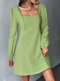 Momentlover Split-Joint Solid Color Puff Sleeves Long Sleeves Square-Neck Mini Dresses