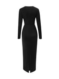 Momentlover Solid Color Bowknot Long Sleeves Bodycon V-neck Maxi Dresses