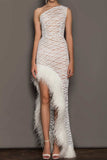 Momentlover Sexy Party Solid See-through Feathers Oblique Collar Irregular Dress Dresses RH9521