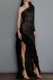 Momentlover Sexy Party Solid See-through Feathers Oblique Collar Irregular Dress Dresses RH9521