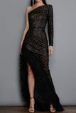 Momentlover Sexy Party Solid See-through Feathers Oblique Collar Irregular Dress Dresses RH9521