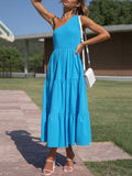 Momentlover Solid Color Pleated Loose One-shoulder Midi Dresses