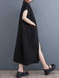 Momentlover Split-Joint Split-Front Solid Color Short Sleeves Loose V-Neck Midi Dresses