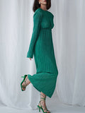 Momentlover Solid Color Pleated Hollow Backless Loose Long Sleeves Round-Neck Midi Dresses