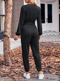 Momentlover Elasticity Belted Long Sleeves V-neck Jumpsuits