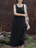 Momentlover Tied Waist Split-Joint Solid Color Drawstring Sleeveless Loose Round-Neck Midi Dresses