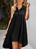 Momentlover Solid Color Pockets Pleated Buttoned Sleeveless Loose Lapel Mini Dresses