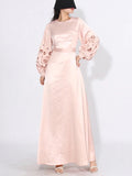 Momentlover Solid Color Hollow Puff Sleeves Loose Round-Neck Maxi Dresses