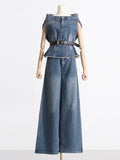 Momentlover Boat Neck Loose Sleeveless Belted Buttoned Fringed Pockets Vest Top + Pants Bottom Two Pieces Set