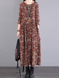 Momentlover Casual Long Sleeves Loose Floral Printed Round-Neck Midi Dresses