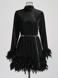 Momentlover Velvet Solid Color Feathers Chains Long Sleeves A-Line Stand Collar Mini Dresses