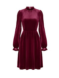 Momentlover Velvet Solid Color Ruffled Hollow Ruffle Sleeves Loose Mock Neck Mini Dresses