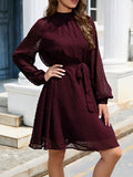 Momentlover Split-Joint Solid Color Belted Loose Round-neck Mini Dresses