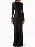 Momentlover Solid Color Bodycon Long Sleeves Pleated  Split-Front Tied Waist Deep V-Neck Maxi Dresses