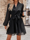 Momentlover Tied Waist Solid Color See-Through Long Sleeves A-Line V-Neck Mini Dresses