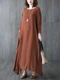 Momentlover Casual Long Sleeves Loose Solid Color Round-Neck Maxi Dresses