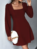 Momentlover Split-Joint Solid Color Puff Sleeves Long Sleeves Square-Neck Mini Dresses