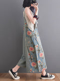 Momentlover Split-Joint Floral Printed Buttoned Wide Leg Oversize Overalls Ninth Pants