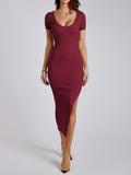 Momentlover Split-side Solid Color Skinny Short Sleeves Round-neck Midi Dresses