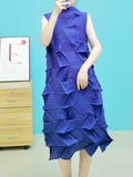 Momentlover Casual Sleeveless Irregularity Pleated Solid Color Stand Collar Midi Dresses