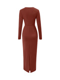 Momentlover Solid Color Bowknot Long Sleeves Bodycon V-neck Maxi Dresses