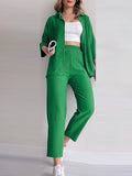 Momentlover Solid Color Split-Side Lapel High-Low Buttoned Blouses Top+ High Waisted Elasticity Pants Two Pieces Set