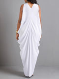 Momentlover Loose Sleeveless Pleated Solid Color V-Neck Maxi Dresses