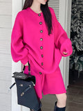 Momentlover Round-Neck Long Sleeves Loose Buttoned Sweater Top + Drawstring Shorts Bottom Two Pieces Set