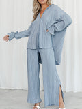 Momentlover Drawstring Pleated Flared Sleeves Long Sleeves Buttoned Solid Color Split-Side Lapel Shirts Top + Pants Bottom Pajama Sets