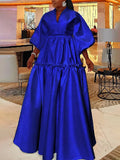 Momentlover High Waisted Puff Sleeves Falbala Solid Color V-Neck Maxi Dresses