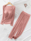 Momentlover V-Neck Solid Color Long Sleeve&Pants Pajamas Sets