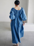 Momentlover Original Casual Loose Solid Color Pleated Puff Sleeves Midi Dress