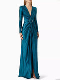 Momentlover Solid Color Bodycon Long Sleeves Pleated  Split-Front Tied Waist Deep V-Neck Maxi Dresses