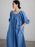 Momentlover Original Casual Loose Solid Color Pleated Puff Sleeves Midi Dress