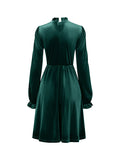 Momentlover Velvet Solid Color Ruffled Hollow Ruffle Sleeves Loose Mock Neck Mini Dresses