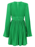 Momentlover Zipper Solid Color Pleated High-Waisted Flared Sleeves A-line Round-neck Mini Dresses