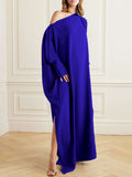 Momentlover Long Sleeves Solid Color Split-Side One-Shoulder Evening Dresses Maxi Dresses