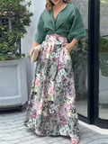 Momentlover Wide Leg Bandage Bowknot Floral Printed Pockets Shirts Tops&Pants Suits