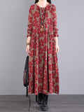 Momentlover Casual Long Sleeves Loose Floral Printed Round-Neck Midi Dresses