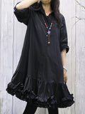 Momentlover Solid Color Ruffled Pleated Buttoned Loose Long Sleeves Lapel Shirt Dress Midi Dresses