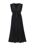 Momentlover Tied Waist Split-Joint Solid Color Pleated Floral Sleeveless Loose V-Neck Maxi Dresses