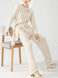 Momentlover Solid Color Loose Asymmetric Split-Front Round-Neck Long Sleeves Sweater Top + Pants Bottom Two Pieces Set