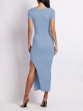 Momentlover Split-side Solid Color Skinny Short Sleeves Round-neck Midi Dresses