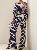 Momentlover Printed Off-The-Shoulder Top + Wide Leg  Pants Two Pieces Set