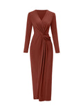 Momentlover Solid Color Bowknot Long Sleeves Bodycon V-neck Maxi Dresses