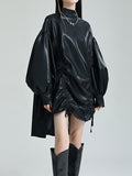 Momentlover Solid Color Pleated Drawstring Puff Sleeves Loose Stand Collar Mini Dresses