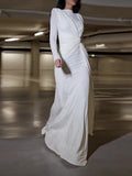 Momentlover Solid Color Bowknot Wrap Long Sleeves Round-Neck Maxi Dresses