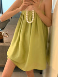 Momentlover Solid Color Pleated Sleeveless Loose Spaghetti-Neck Slip Dress Mini Dresses