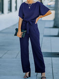 Momentlover Solid Color Ribbed Wide Leg Short Sleeves Round-neck Jumpsuits