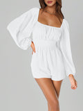 Momentlover Tied Solid Color Elasticity Backless Puff Sleeves Loose Square-Neck Rompers